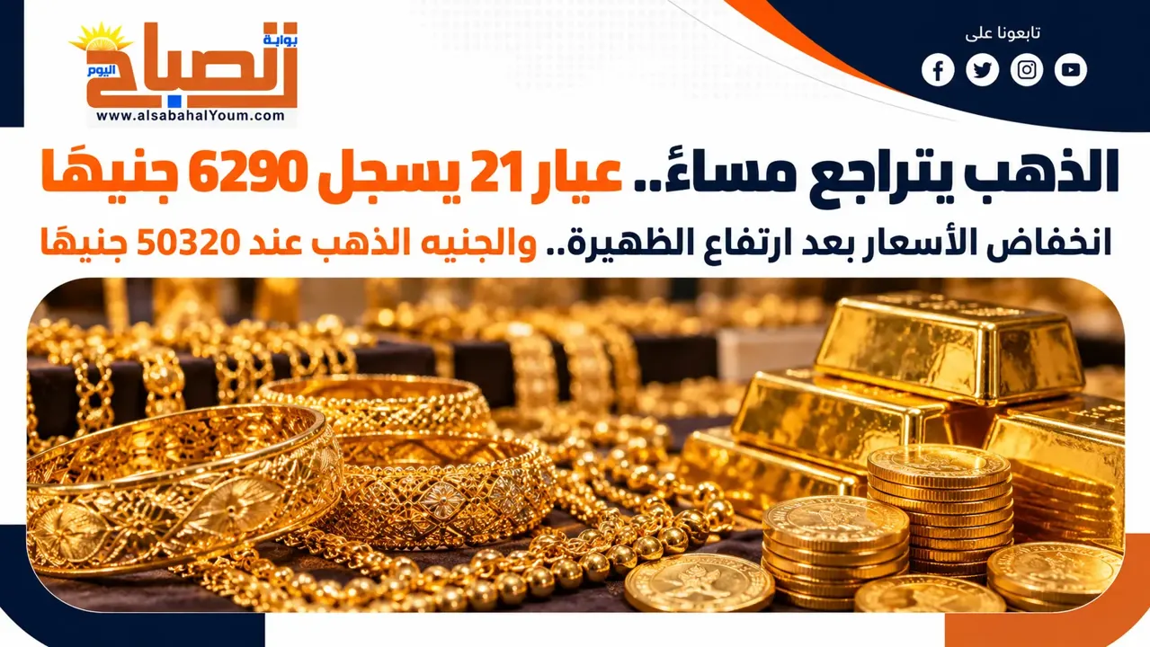 الذهب يتراجع مساء اليوم في مصر.. عيار 21 يسجل 6290 جنيهًا قبل نهاية التعاملات