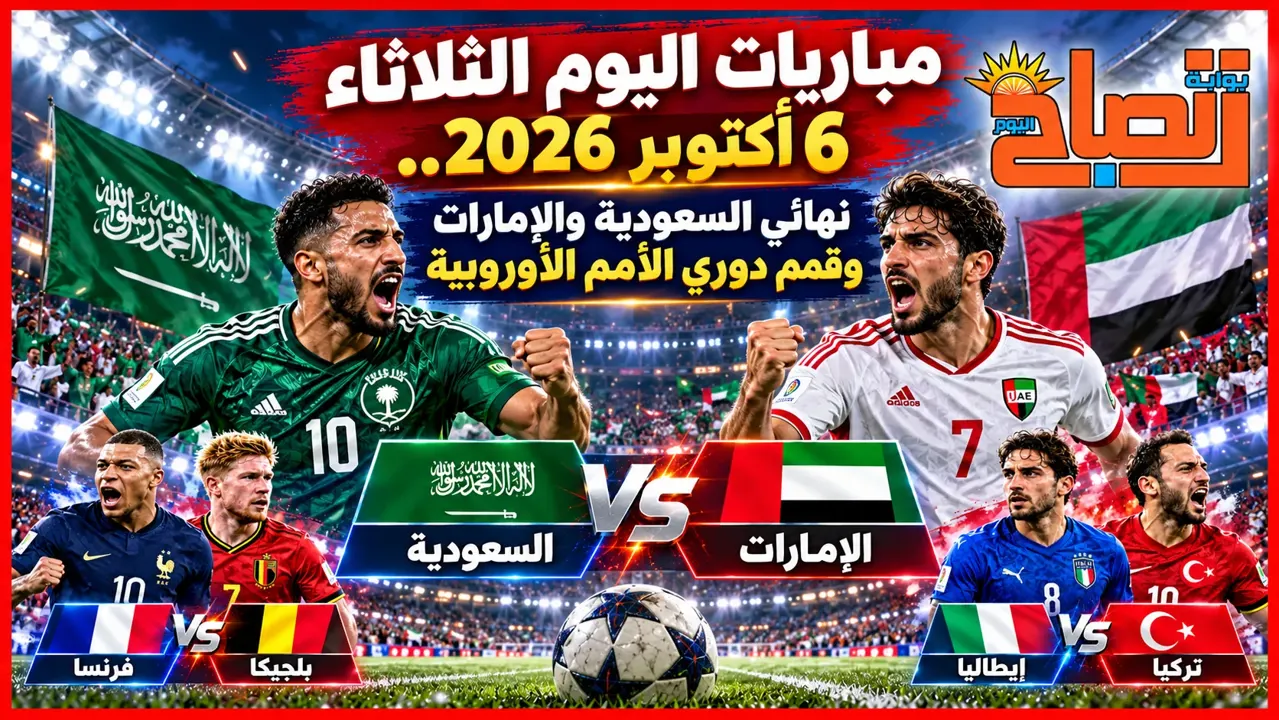 مباريات اليوم الثلاثاء 6 أكتوبر 2026.. نهائي السعودية والإمارات وقمم دوري الأمم الأوروبية