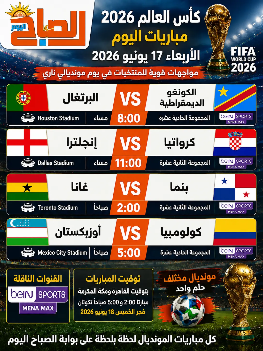 مباريات كاس العالم الاربعاء 17 يونيو