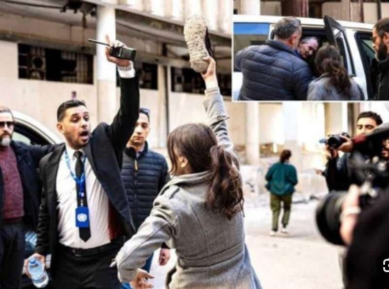 شاهد فيديو :سيدة سورية ثطرد بيدرسون ووفد الأمم المتحدة من سجن صيدنايا بالحذاء