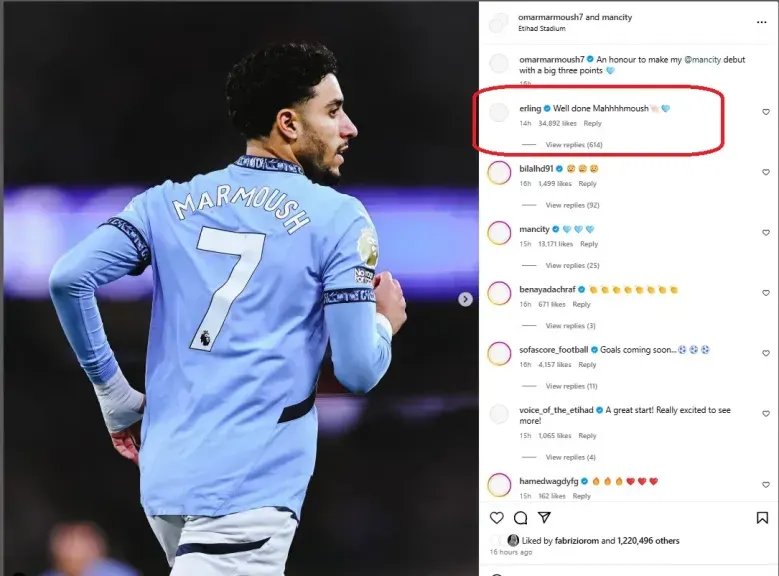 هالاند يحتفل بظهور مرموش الأول مع مانشستر سيتي ويثير السخرية بخطأ طريف في الاسم! (1) هالاند يحتفل بظهور مرموش الأول مع مانشستر سيتي ويثير السخرية بخطأ طريف في الاسم! (1)
